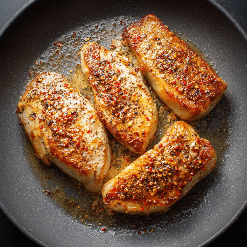 Chicken breasts searing in butter and olive oil until golden brown for Creamy Chicken Florentine