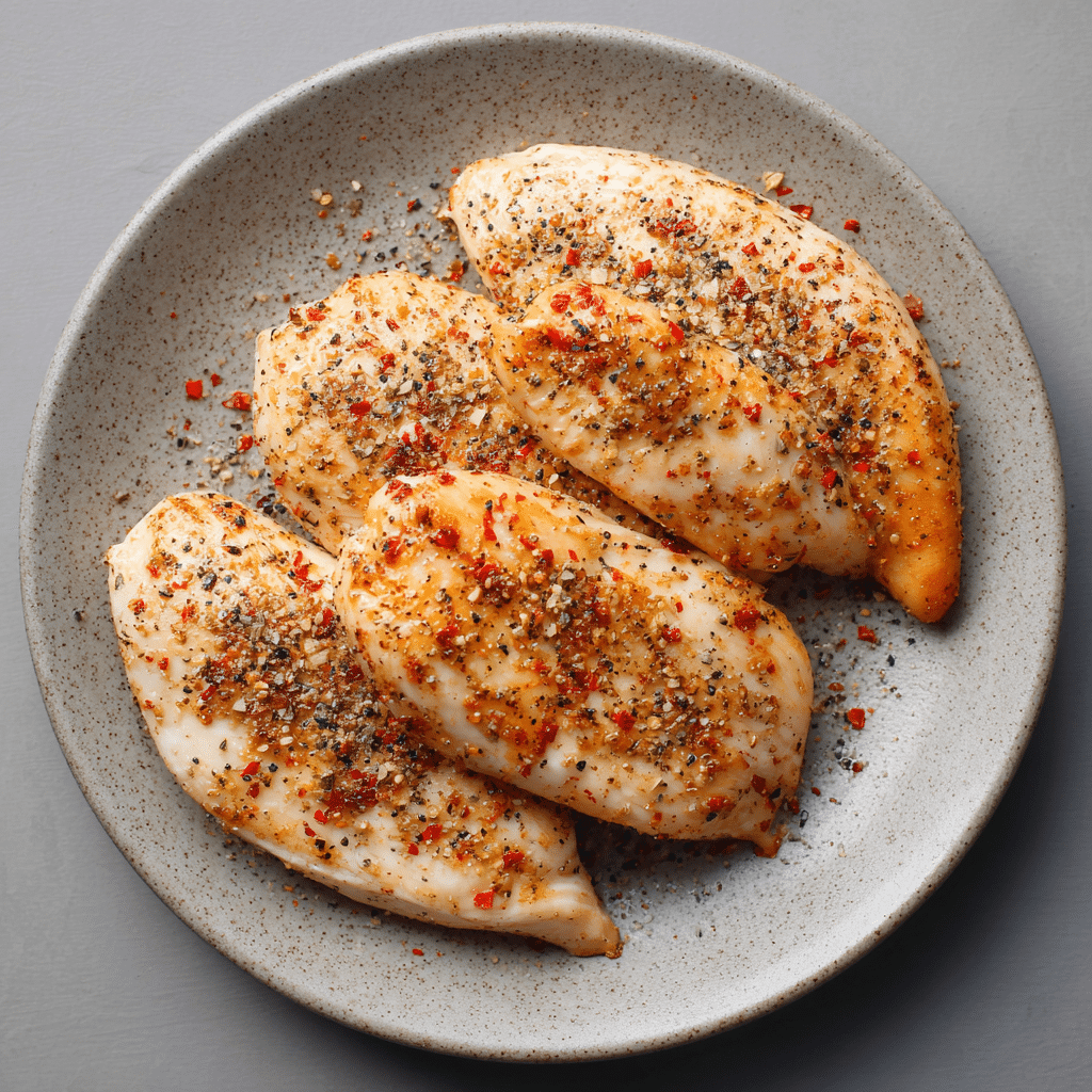 Chicken breasts being seasoned with salt, pepper, and paprika for Creamy Chicken Florentine