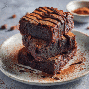 Served gluten-free brownies on a plate with chocolate drizzle