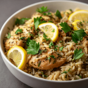 Slow Cooker Lemon Herb Chicken and Rice in a bowl