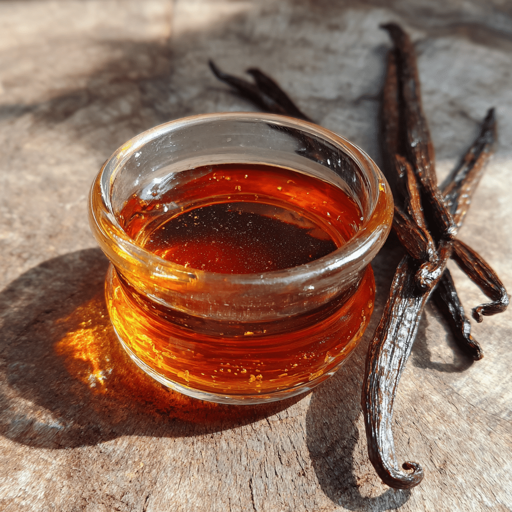 Vanilla extract measured in small bowl for Gluten-Free Brownie Recipe
