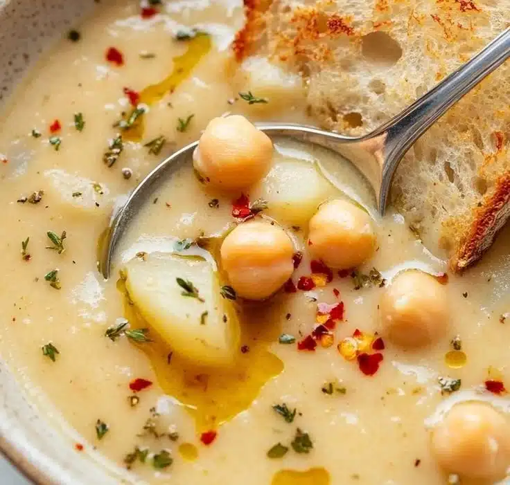 Bowl of homemade Garlic Chickpea Soup topped with herbs and spices.