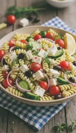 Healthy Greek Pasta Salad with fresh vegetables and feta cheese