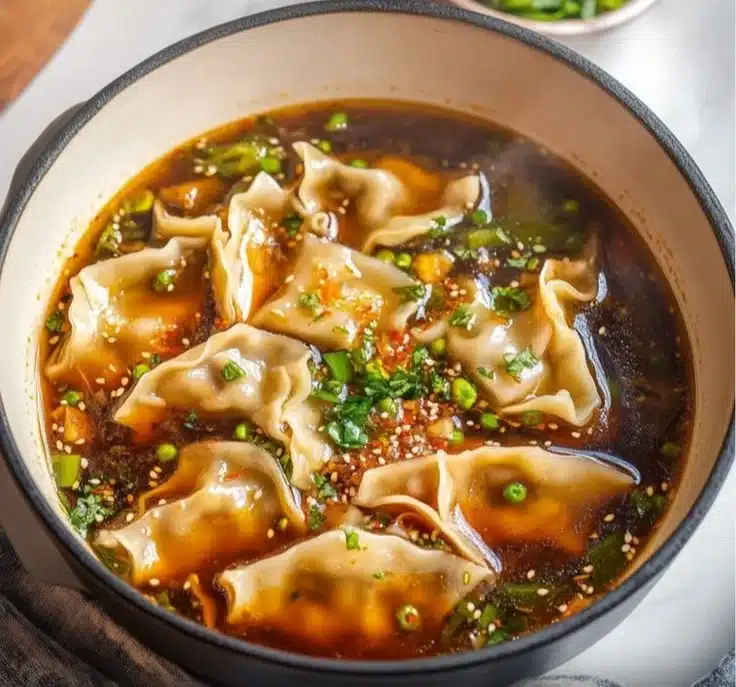 Bowl of potsticker soup with dumplings and vegetables, a comforting dish.