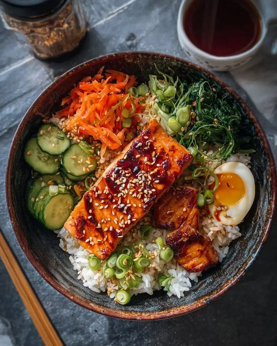 Crispy salmon rice bowl garnished with vegetables and herbs, ready to eat