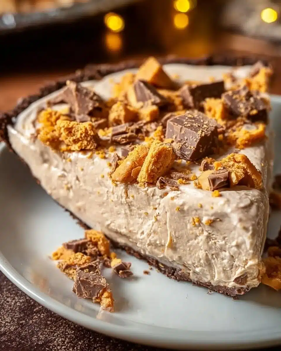 Delicious Butterfinger Pie topped with chocolate and crushed Butterfinger candy