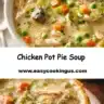 Bowl of creamy Chicken Pot Pie Soup garnished with parsley and served with bread.