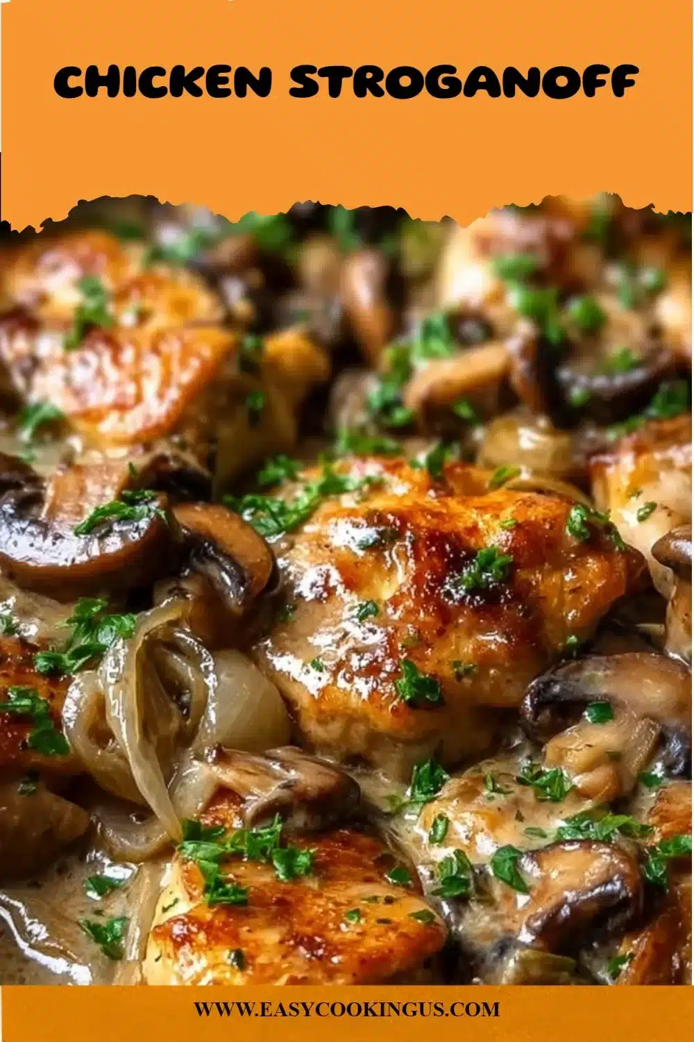 Delicious Chicken Stroganoff served with noodles and garnished with parsley