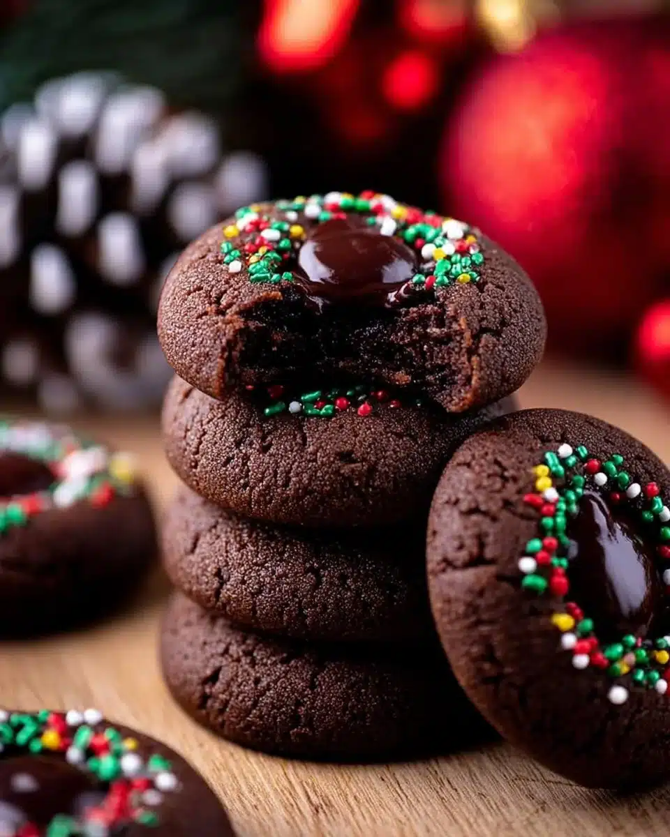 Freshly baked chocolate thumbprint cookies filled with chocolate and jam.