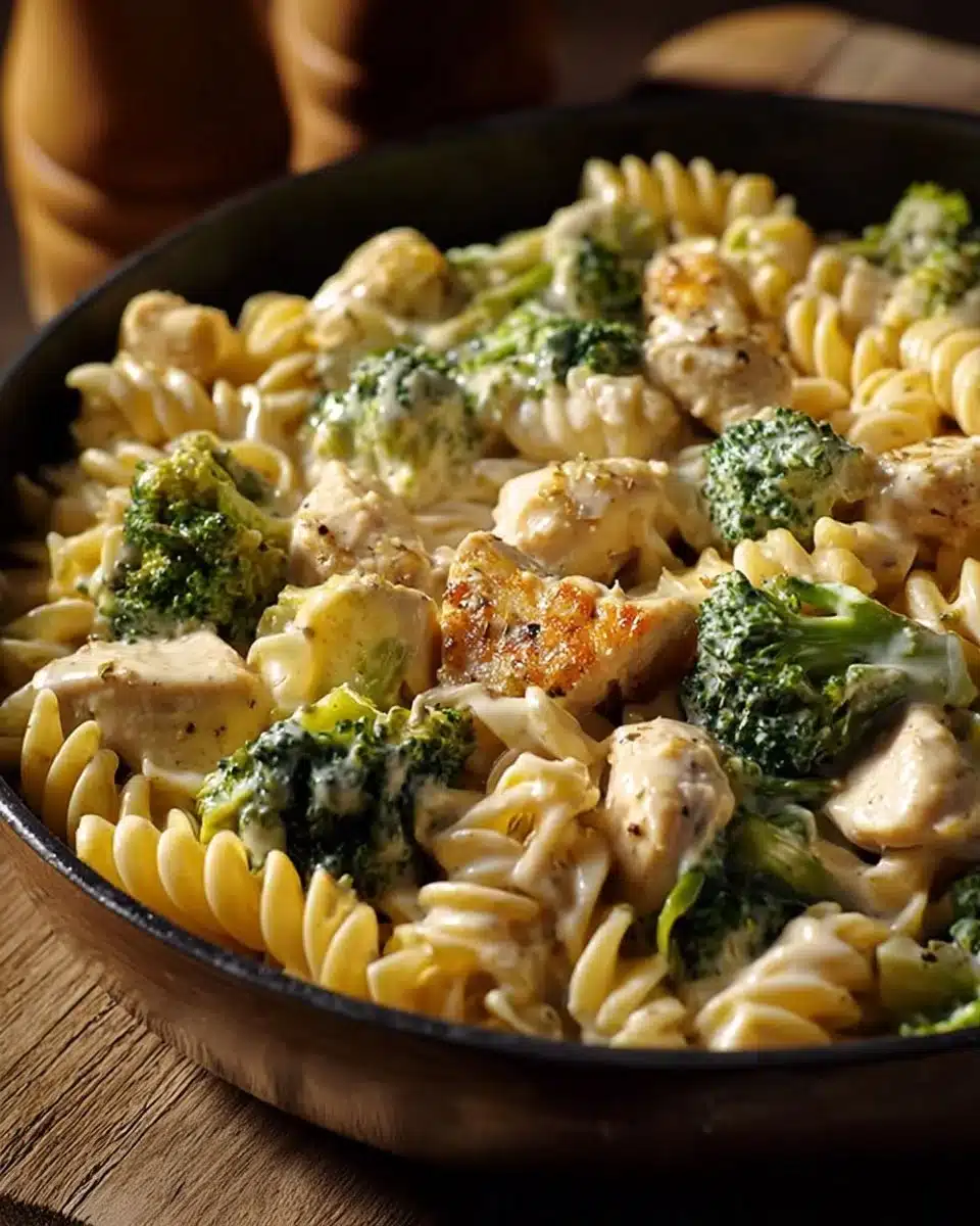 Creamy Chicken Broccoli Rotini dish garnished with fresh parsley.