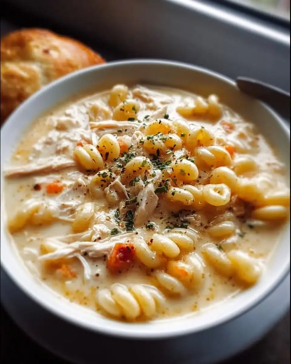 Creamy chicken macaroni cheese soup served in a bowl with herbs on top