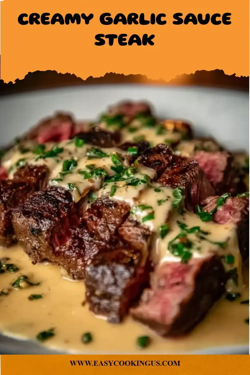 Creamy garlic sauce steak served on a plate with herbs