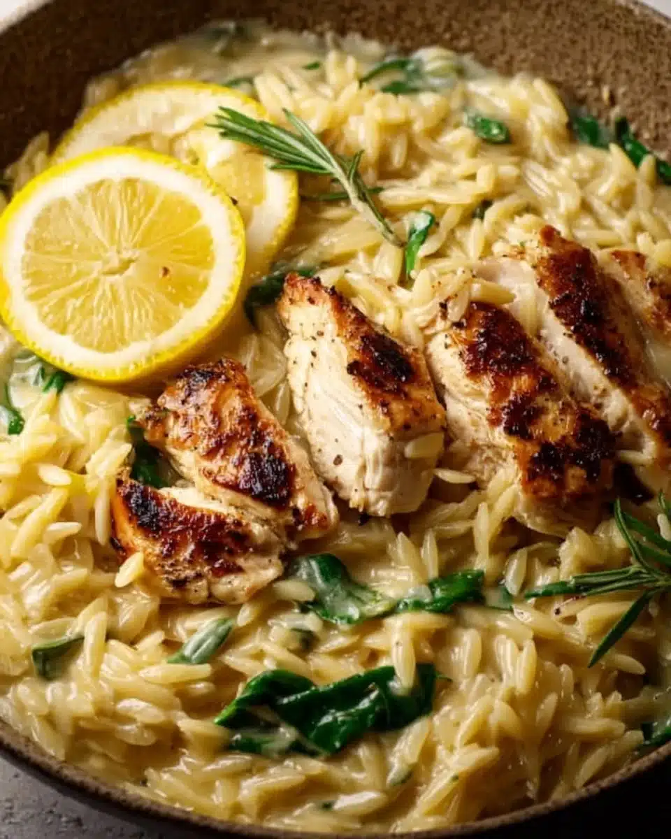 Creamy lemon chicken orzo served in a bowl with fresh herbs