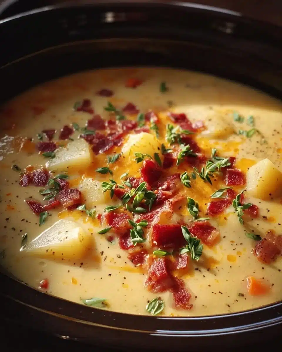 Creamy Crock Pot Crack Potato Soup garnished with herbs and bacon bits