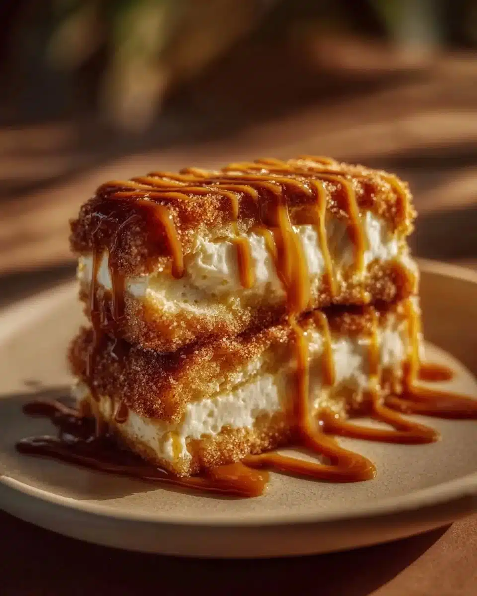 Decadent churro cheesecake with cinnamon and a crunchy topping.