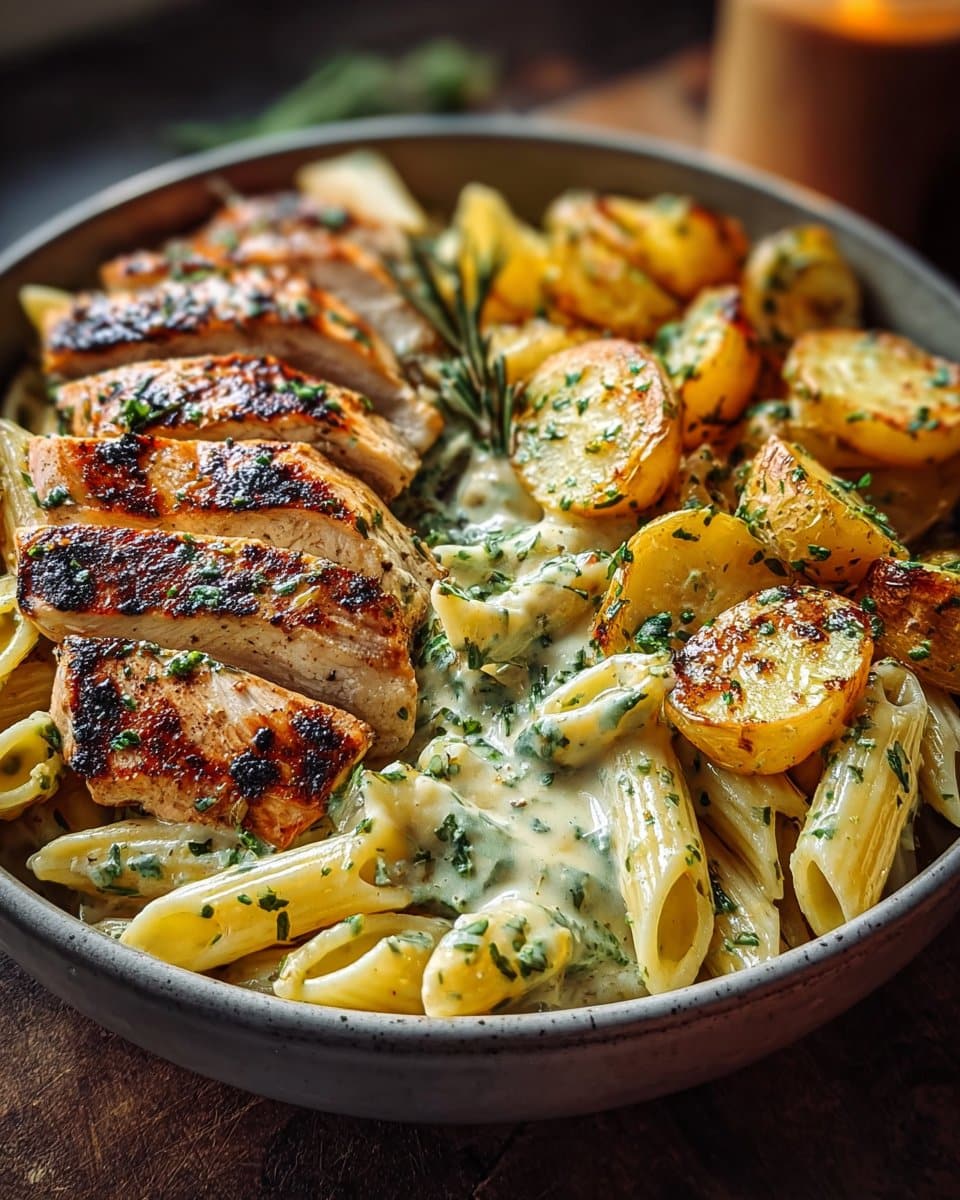 Creamy Garlic Herb Pasta Bowl with Grilled Chicken and Roasted Potatoes