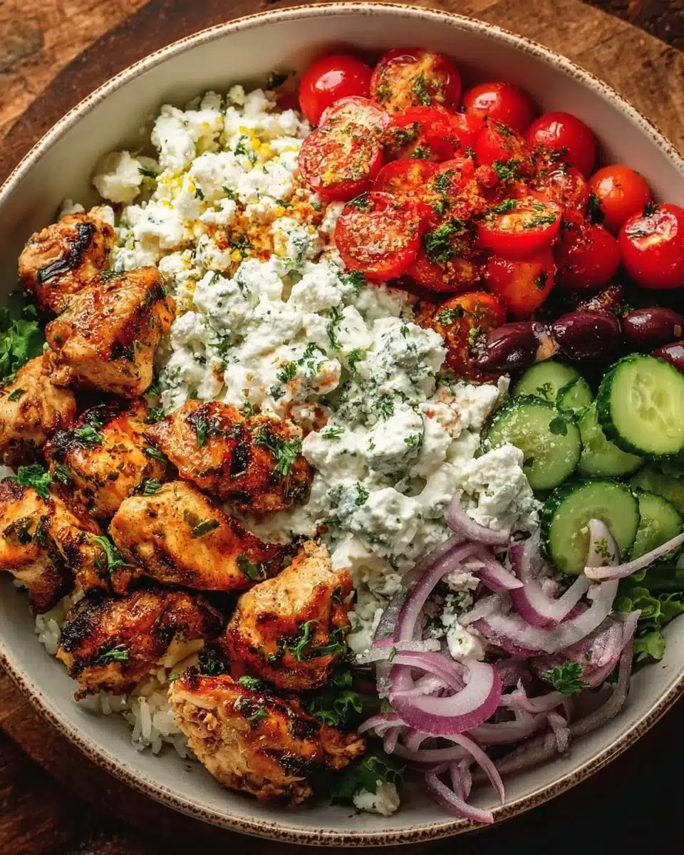 Greek chicken bowls with fresh vegetables and toppings