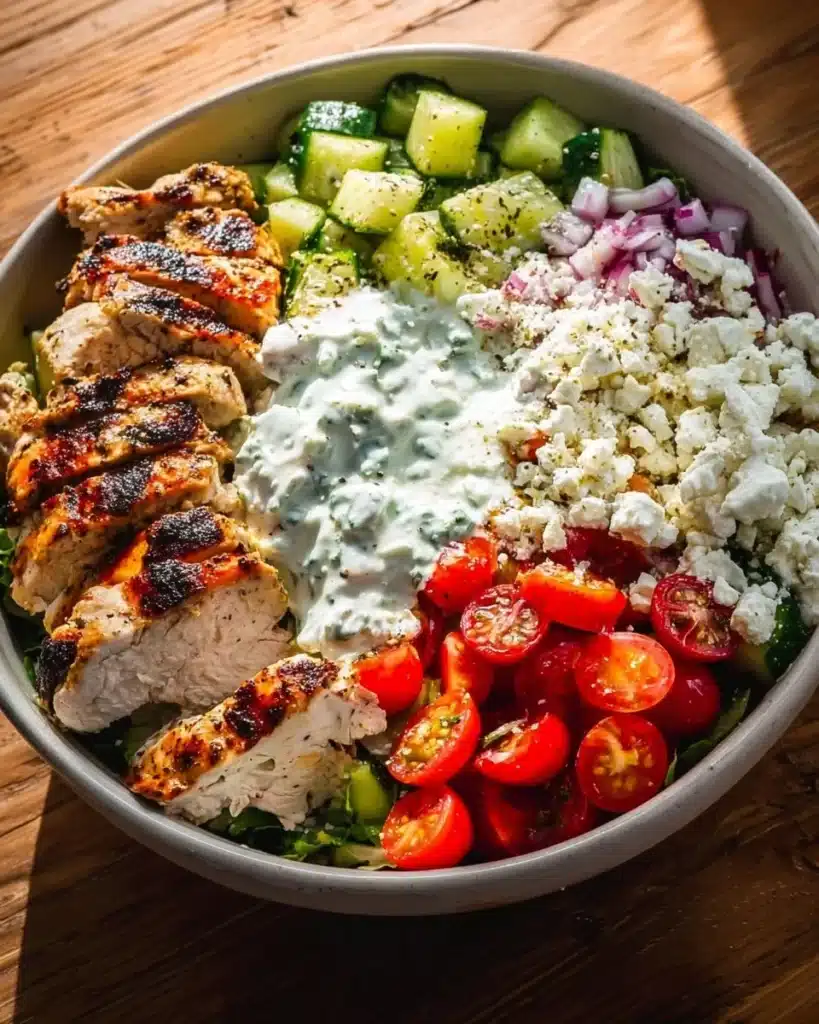 Delicious Greek Chicken Bowl with veggies and tzatziki sauce