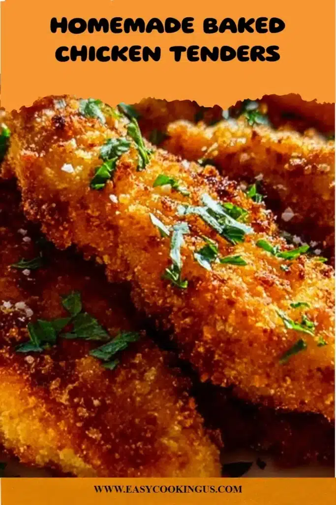 Plate of crispy homemade baked chicken tenders with dipping sauce.