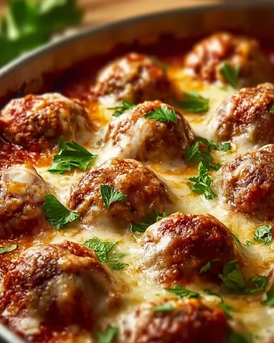 Keto Meatball Parmesan Casserole with melted cheese and meatballs in a baking dish
