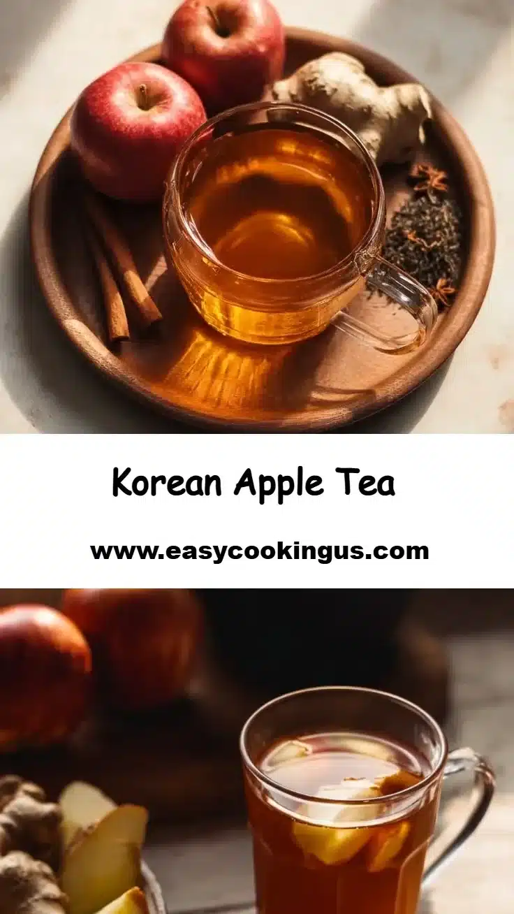 A cup of Korean apple tea with fresh apple slices and tea leaves.