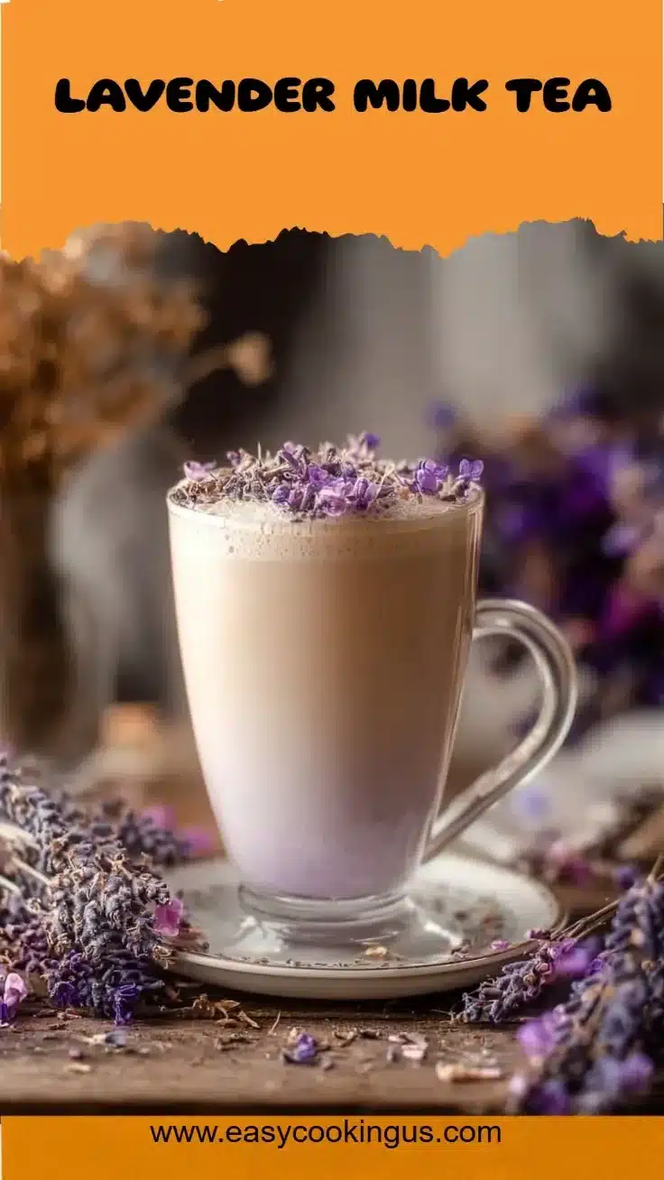Creamy lavender milk tea served in a clear glass with fresh lavender flowers garnish