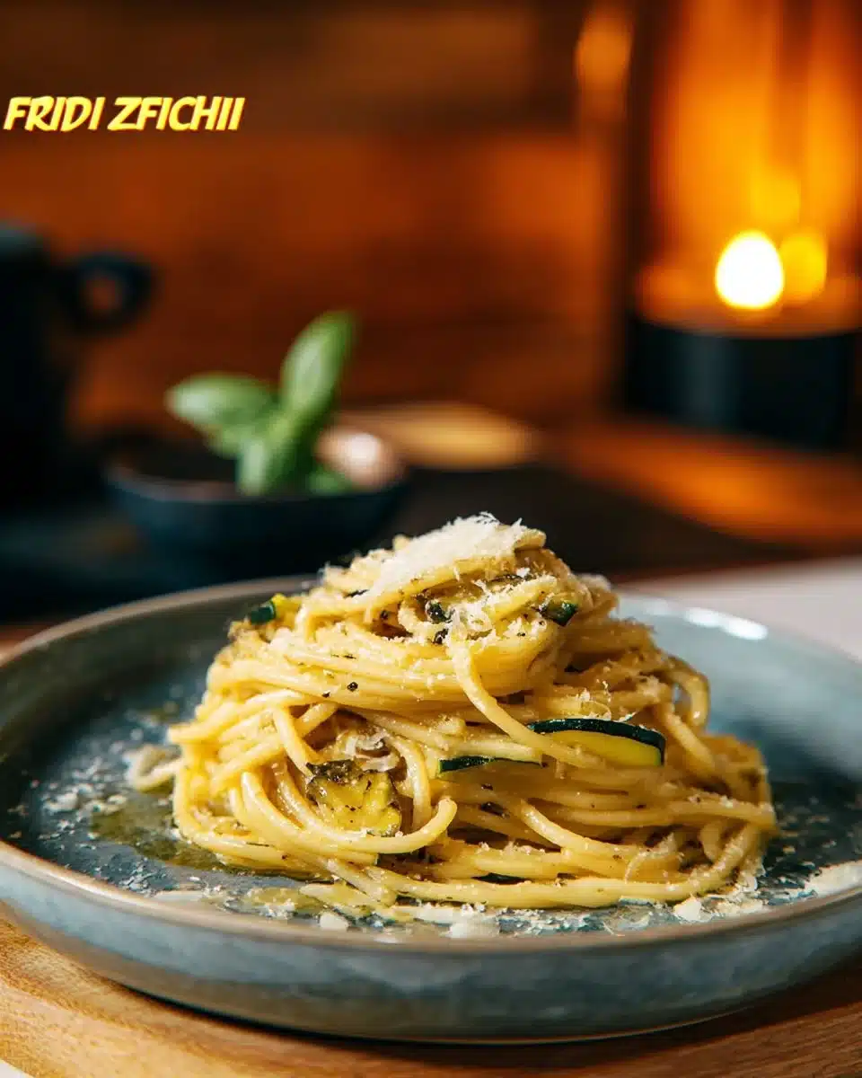 Delicious plate of Nerano Spaghetti with cheese and zucchini