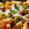 Delicious Philly cheese steak pasta with beef, cheese, and bell peppers