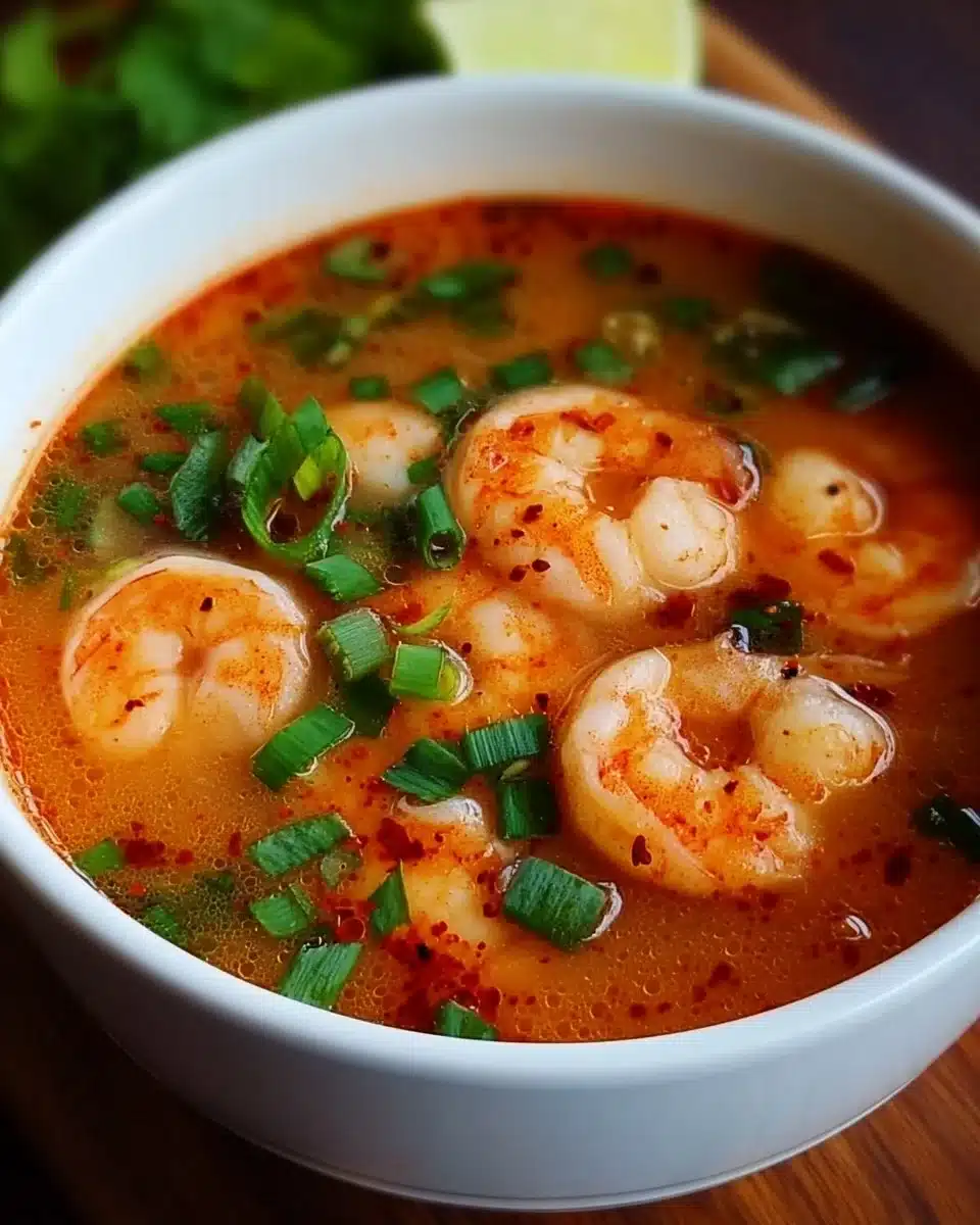 Quick and spicy shrimp soup served in a bowl with herbs and spices