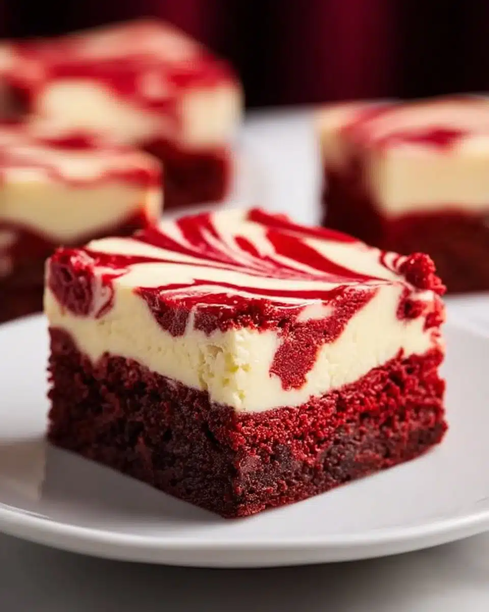 Delicious Red Velvet Cheesecake Brownies on a white plate