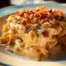 Spicy Southern Cheesy Chicken Spaghetti Casserole served in a baking dish.