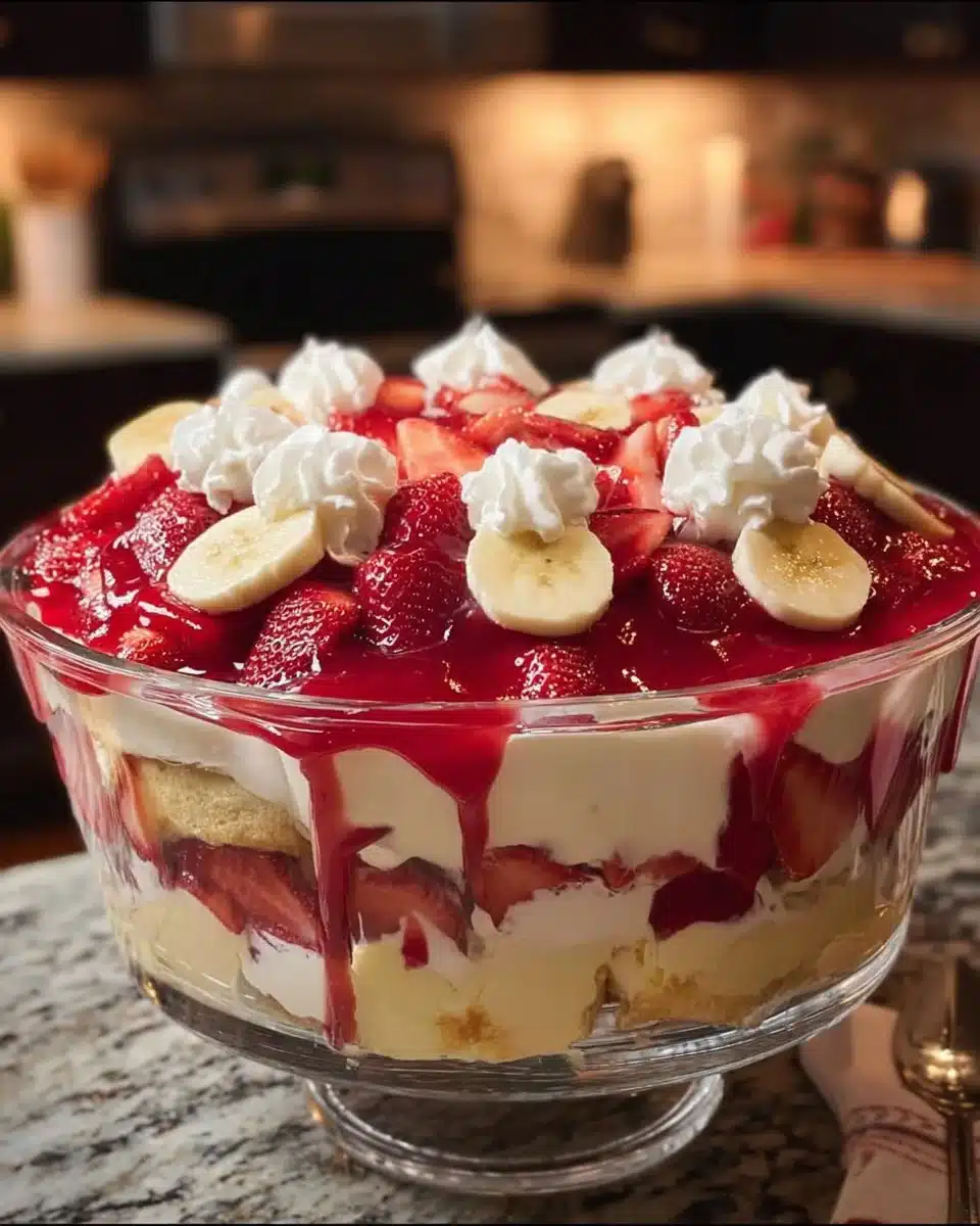 Delicious Strawberry Banana Pudding Dream dessert with layers of fruit and cream
