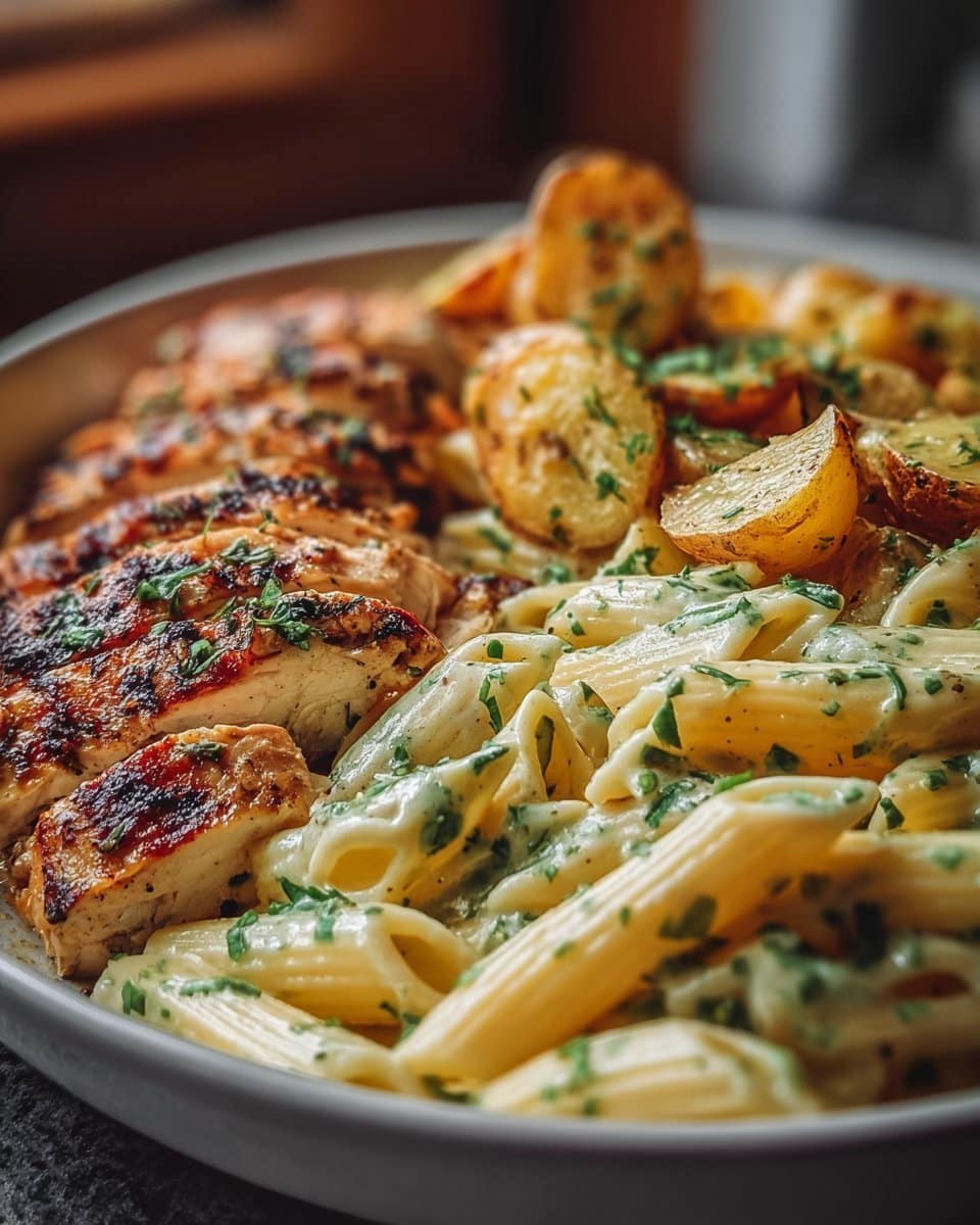 Creamy Garlic Herb Pasta Bowl with Grilled Chicken and Roasted Potatoes
