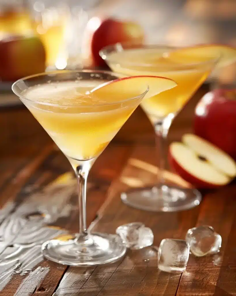 A refreshing Apple Martini garnished with a slice of apple, served in a stylish glass.