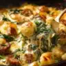 Baked gnocchi dish topped with melted cheese and fresh herbs
