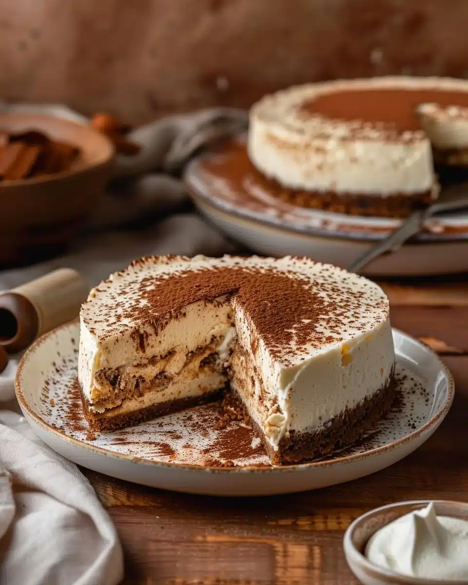 Delicious Baked Tiramisu Cheesecake topped with cocoa powder and coffee drizzle