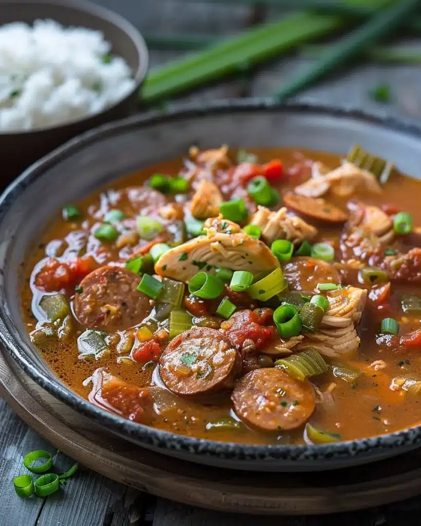 Delicious Chicken and Andouille Gumbo served in a bowl