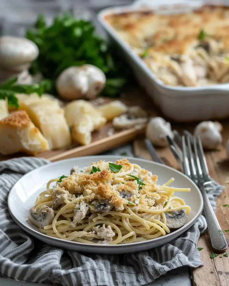 Creamy Chicken Tetrazzini dish with pasta and vegetables