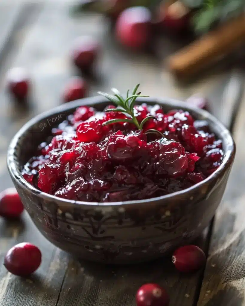 Homemade Cranberry Apple Chutney in a jar surrounded by fresh ingredients.