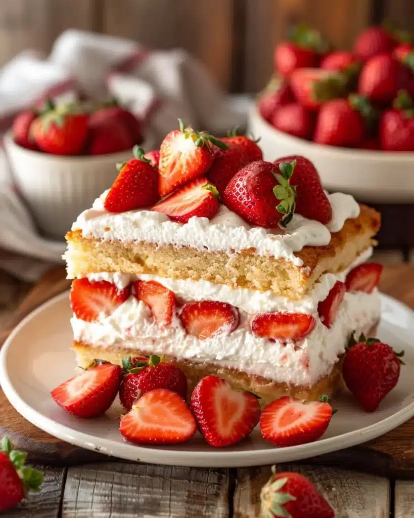 Delicious easy strawberry cake topped with fresh strawberries and whipped cream