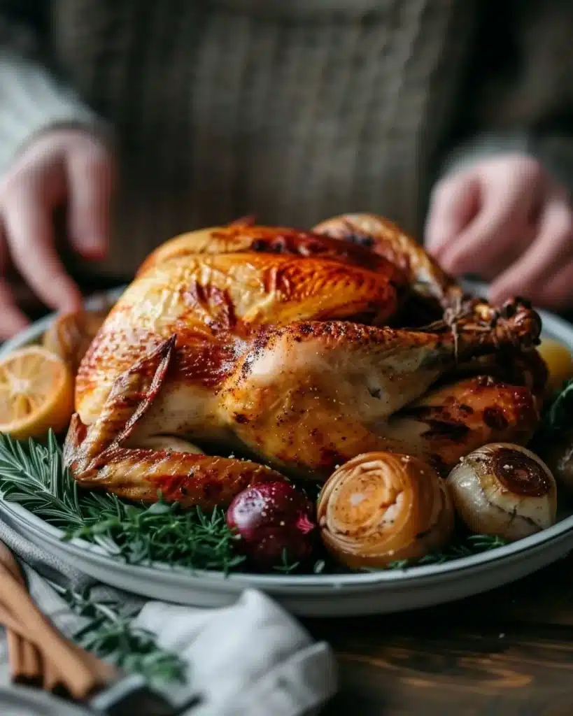 Delicious winter dinner with rotisserie chicken served with vegetables.