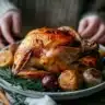 Delicious winter dinner with rotisserie chicken served with vegetables.