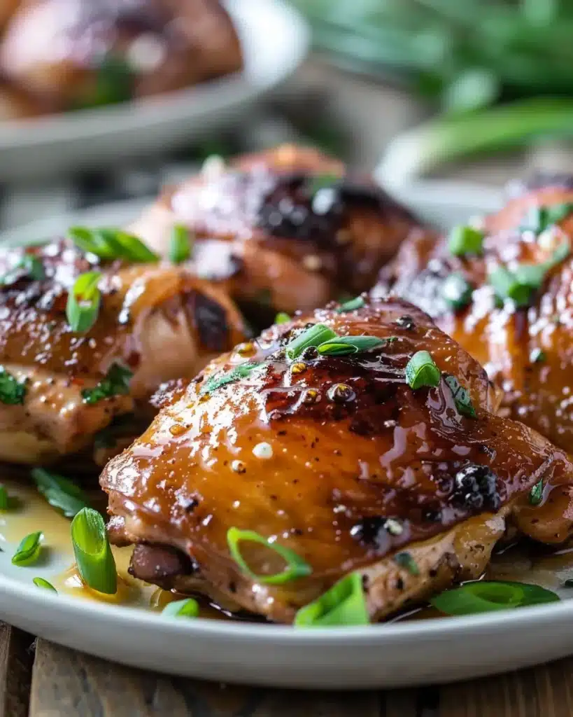 Delicious Garlic Honey Soy Chicken Thighs garnished with herbs