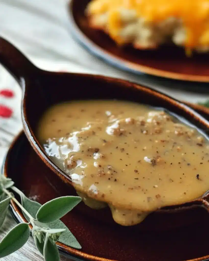 Homemade gluten-free gravy served over mashed potatoes.