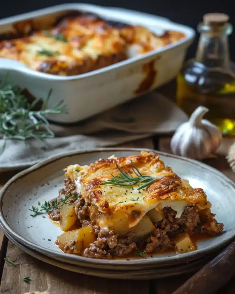 Delicious ground beef casserole ready to serve with melted cheese on top.