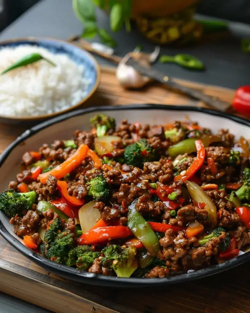 Ground Beef Stir Fry with vegetables in a pan
