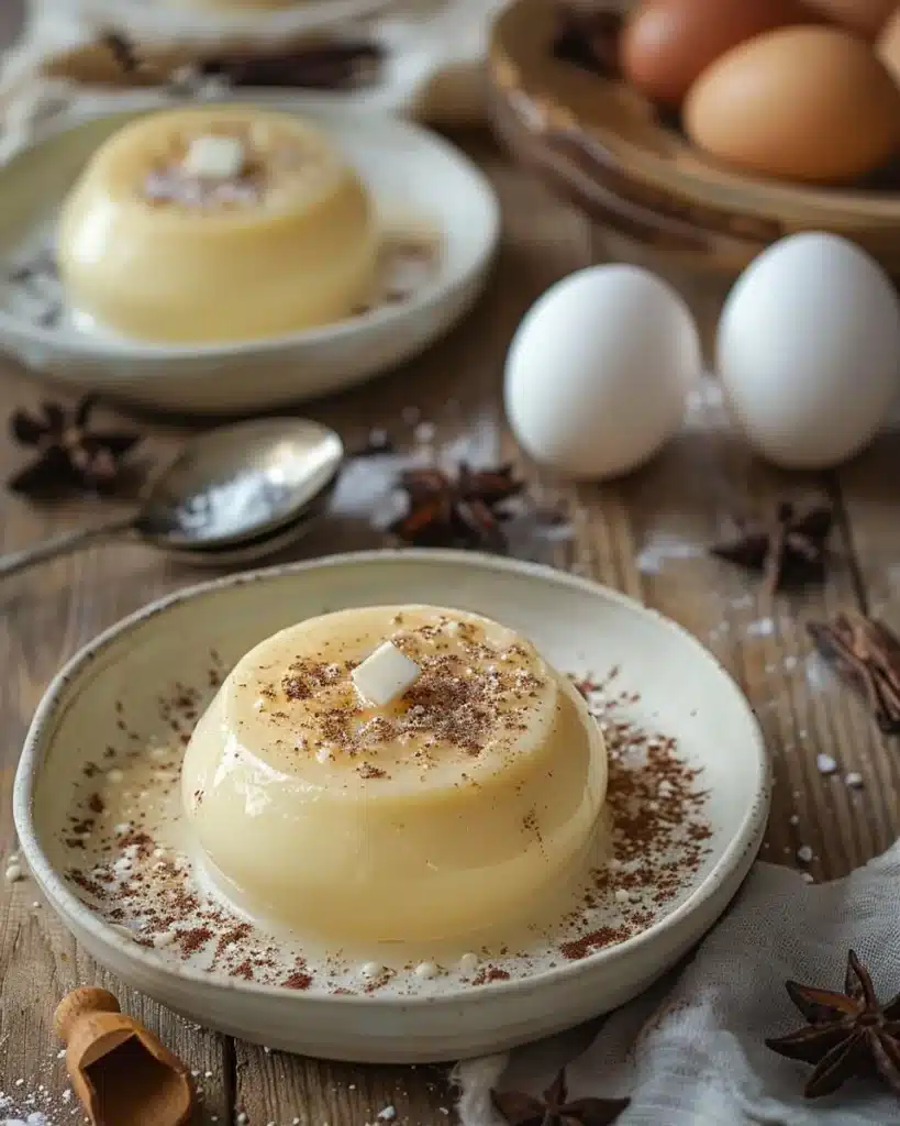 Bowl of homemade vanilla pudding topped with whipped cream and vanilla bean