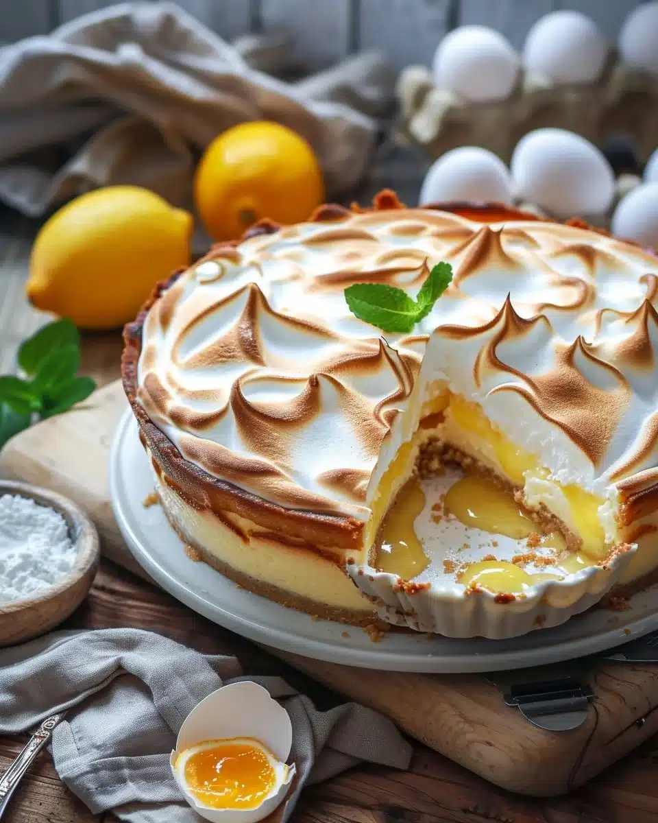 Delicious Lemon Meringue Cheesecake with a golden meringue topping