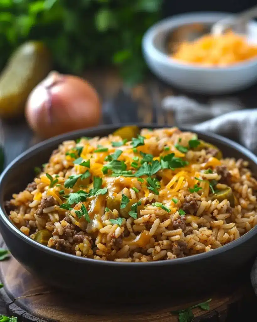 One Pan Cheeseburger Rice recipe with vibrant ingredients in a skillet.