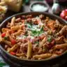 One Pot Chicken Stuffed Pepper Pasta Bake with colorful peppers and chicken